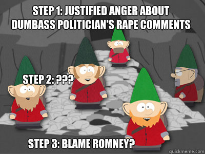 Step 1: Justified anger about
dumbass politician's rape comments Step 3: Blame Romney? Step 2: ???  Underpants Gnomes