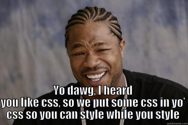  YO DAWG, I HEARD YOU LIKE CSS, SO WE PUT SOME CSS IN YO’ CSS SO YOU CAN STYLE WHILE YOU STYLE Xzibit meme