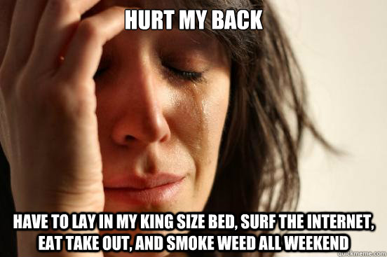 Hurt my back Have to lay in my king size bed, surf the internet, eat take out, and smoke weed all weekend - Hurt my back Have to lay in my king size bed, surf the internet, eat take out, and smoke weed all weekend  First World Problems