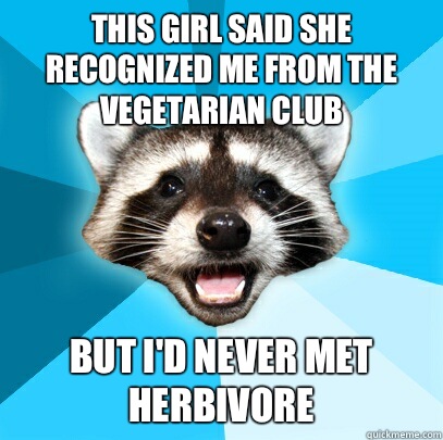 THIS GIRL SAID SHE RECOGNIZED ME FROM THE VEGETARIAN CLUB BUT I'D NEVER MET HERBIVORE  Lame Pun Coon