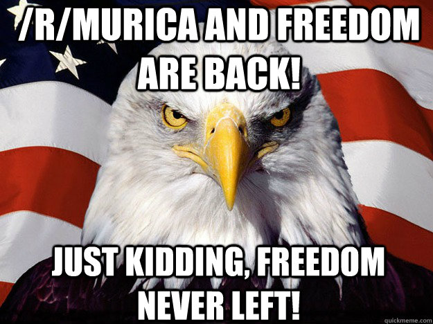 /r/MURICA and Freedom are back! Just Kidding, freedom never left!  Patriotic Eagle