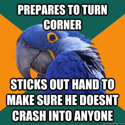 Prepares to turn corner sticks out hand to make sure he doesnt crash into anyone  Paranoid Parrot