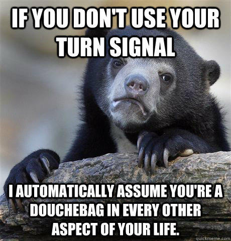 If you don't use your turn signal I automatically assume you're a douchebag in every other aspect of your life. - If you don't use your turn signal I automatically assume you're a douchebag in every other aspect of your life.  Confession Bear