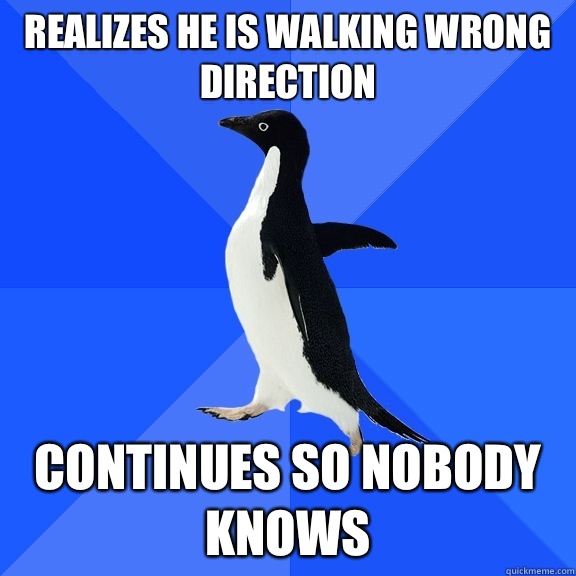Realizes he is walking wrong direction Continues so nobody knows  Socially Awkward Penguin
