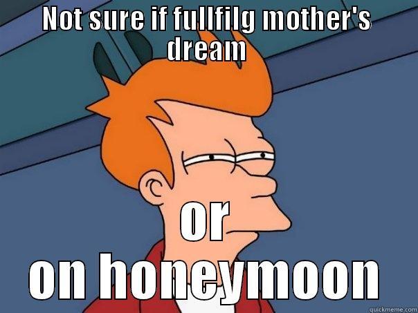 NOT SURE IF FULLFILG MOTHER'S DREAM OR ON HONEYMOON Futurama Fry