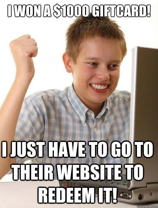 I won a $1000 giftcard! I just have to go to their website to redeem it!  First Day on the Internet Kid