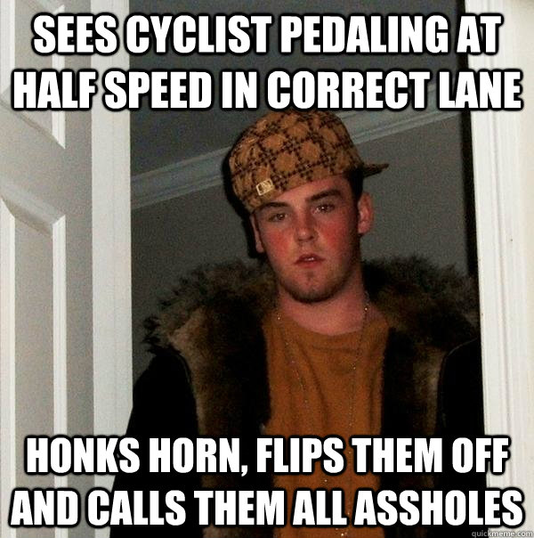 Sees cyclist pedaling at half speed in correct lane   Honks horn, flips them off and calls them all assholes  Scumbag Steve