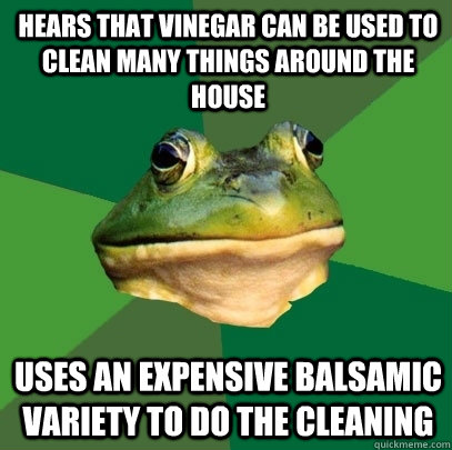 hears that vinegar can be used to clean many things around the house uses an expensive balsamic variety to do the cleaning  Foul Bachelor Frog