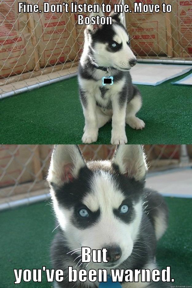 FINE. DON'T LISTEN TO ME. MOVE TO BOSTON BUT YOU'VE BEEN WARNED. Insanity puppy