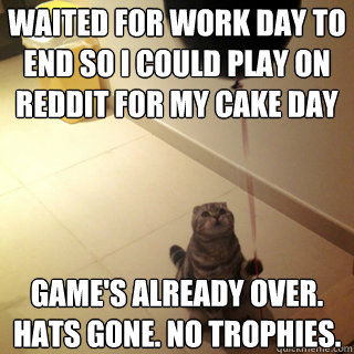 Waited for work day to end so I could play on reddit for my cake day  Game's already over. Hats gone. No trophies. - Waited for work day to end so I could play on reddit for my cake day  Game's already over. Hats gone. No trophies.  Sad Birthday Cat