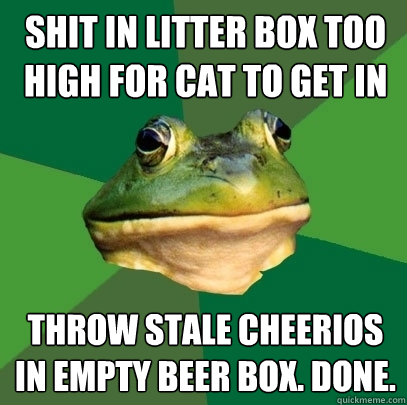 shit in litter box too high for cat to get in throw stale cheerios in empty beer box. done.  Foul Bachelor Frog