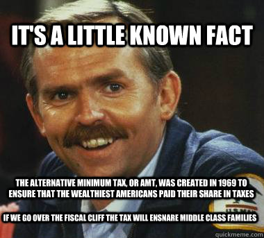 It's A little known fact The Alternative Minimum Tax, or AMT, was created in 1969 to ensure that the wealthiest Americans paid their share in taxes If we go over the fiscal cliff the tax will ensnare middle class families  