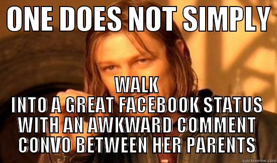  ONE DOES NOT SIMPLY  WALK INTO A GREAT FACEBOOK STATUS WITH AN AWKWARD COMMENT CONVO BETWEEN HER PARENTS Boromir