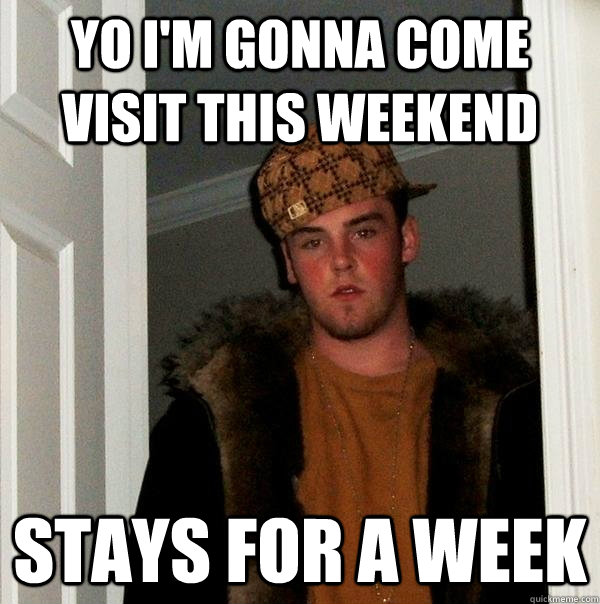 Yo I'm gonna come visit this weekend STAYS FOR A WEEK  Scumbag Steve