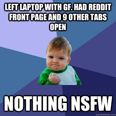 Left laptop with gf. had reddit front page and 9 other tabs open nothing nsfw  Success Kid