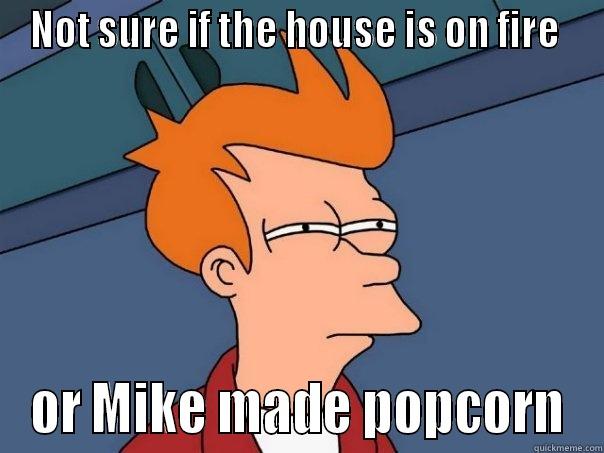 NOT SURE IF THE HOUSE IS ON FIRE  OR MIKE MADE POPCORN Futurama Fry