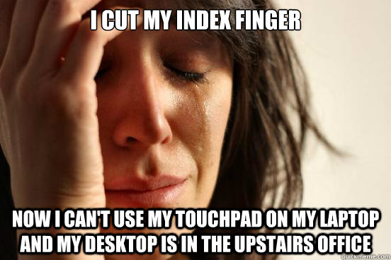 I cut my index finger Now I can't use my touchpad on my laptop and my desktop is in the upstairs office  First World Problems