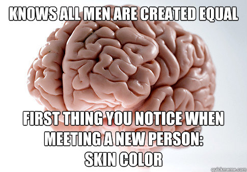 knows all men are created equal first thing you notice when meeting a new person: 
skin color  Scumbag Brain