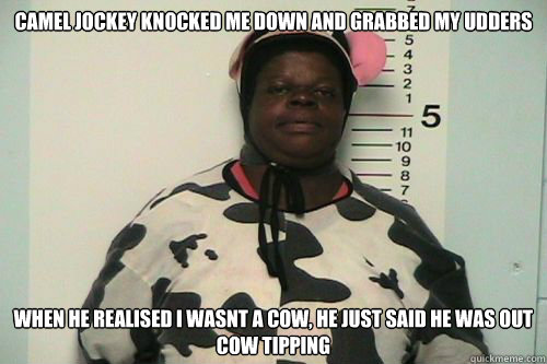 camel jockey knocked me down and grabbed my udders when he realised i wasnt a cow, he just said he was out cow tipping  