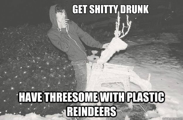 get shitty drunk have threesome with plastic reindeers  