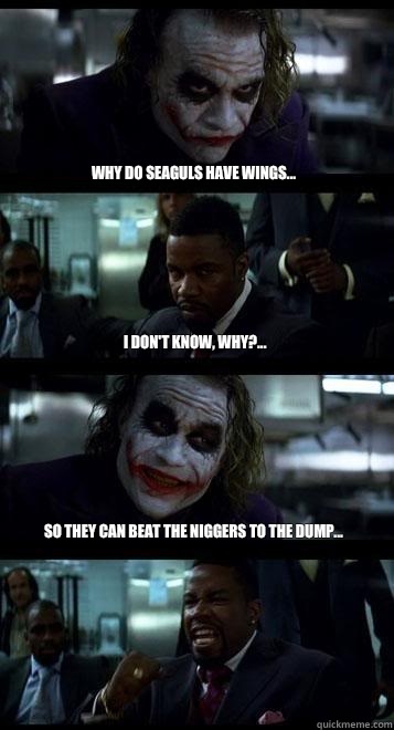 Why do seaguls have wings... I don't know, why?... So they can beat the niggers to the dump...  Joker with Black guy