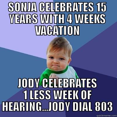 VICTORY CRY - SONJA CELEBRATES 15 YEARS WITH 4 WEEKS VACATION JODY CELEBRATES 1 LESS WEEK OF HEARING...JODY DIAL 803 Success Kid