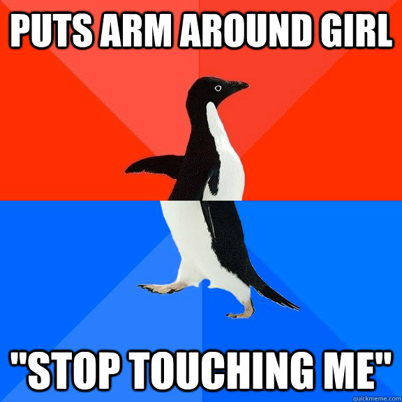 puts arm around girl 