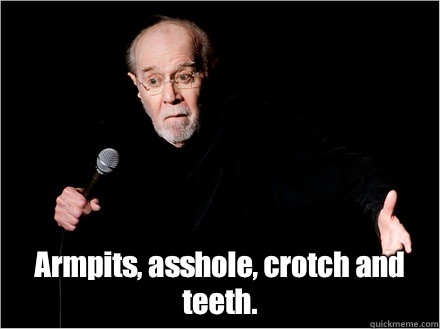  Armpits, asshole, crotch and teeth. -  Armpits, asshole, crotch and teeth.  George Carlin