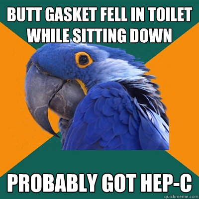 butt gasket fell in toilet while sitting down probably got hep-c  Paranoid Parrot