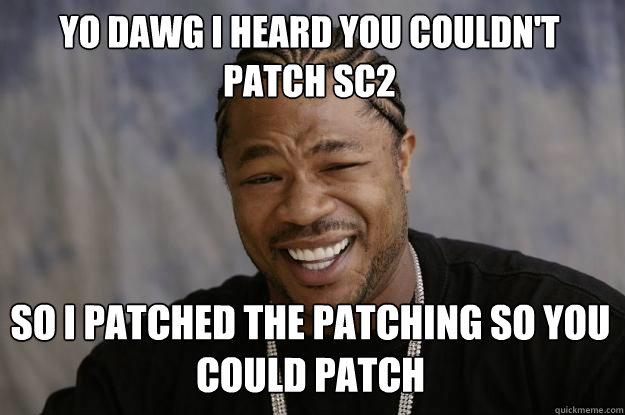 YO DAWG I HEARD YOU COULDN'T PATCH SC2 SO I PATCHED THE PATCHING SO YOU COULD PATCH  Xzibit meme