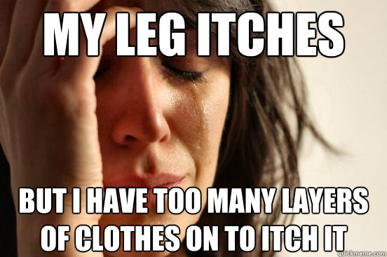 My leg itches But I have too many layers of clothes on to itch it  First World Problems