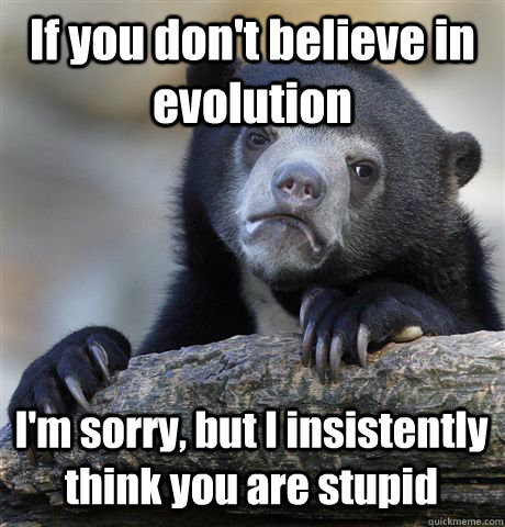 If you don't believe in evolution I'm sorry, but I insistently think you are stupid  Confession Bear