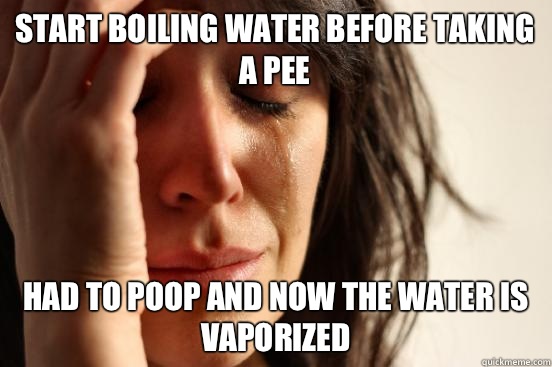 Start boiling water before taking a pee Had to poop and now the water is vaporized  First World Problems