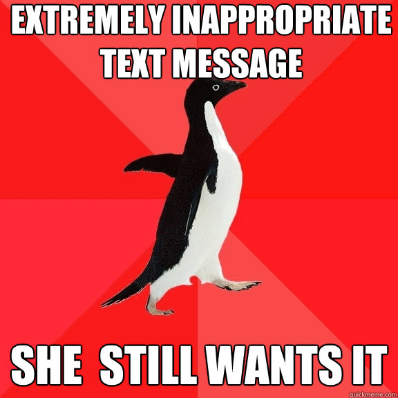 extremely inappropriate text message  she  still wants it - extremely inappropriate text message  she  still wants it  Socially Awesome Penguin