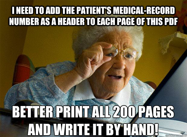 I NEED TO ADD THE PATIENT'S MEDICAL-RECORD NUMBER AS A HEADER TO EACH PAGE OF THIS PDF  BETTER PRINT ALL 200 PAGES AND WRITE IT BY HAND!   Caption 5 goes here  Grandma finds the Internet