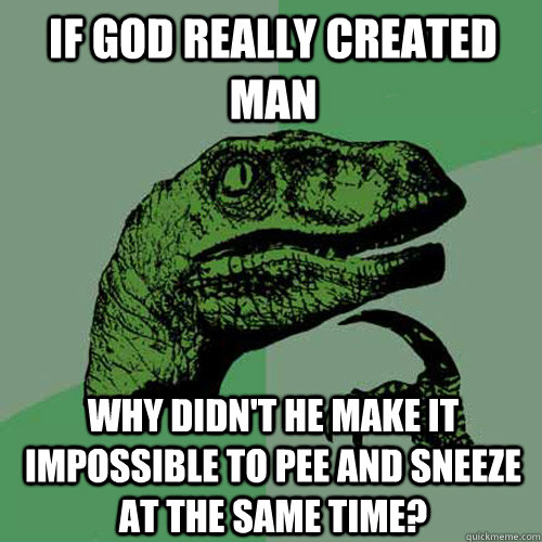If God really created man Why didn't he make it impossible to pee and sneeze at the same time?  Philosoraptor