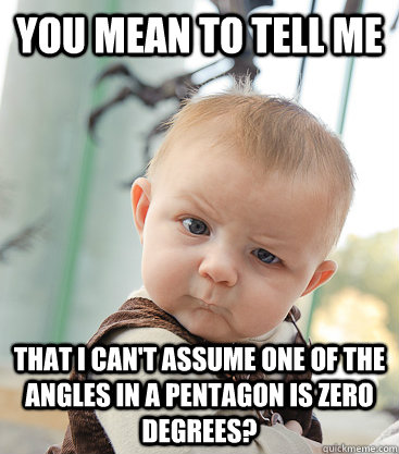 you mean to tell me that I can't assume one of the angles in a pentagon is zero degrees?  skeptical baby