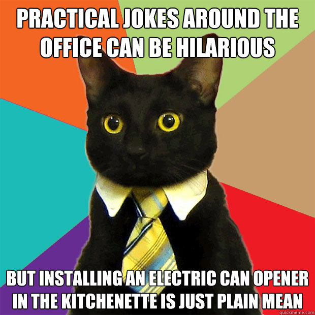 Practical jokes around the office can be hilarious But installing an electric can opener in the kitchenette is just plain mean  Business Cat