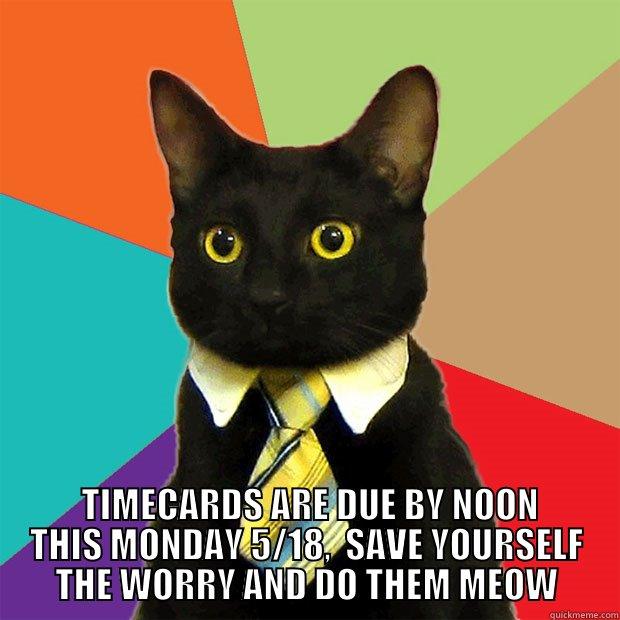 TIMECARD REMINDER -   TIMECARDS ARE DUE BY NOON THIS MONDAY 5/18,  SAVE YOURSELF THE WORRY AND DO THEM MEOW Business Cat