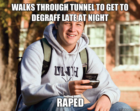 Walks through tunnel to get to Degraff late at night Raped  College Freshman