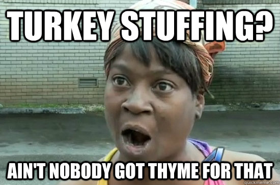 Turkey stuffing? AIN'T NOBODY GOT THYME FOR THAT  Aint nobody got time for that