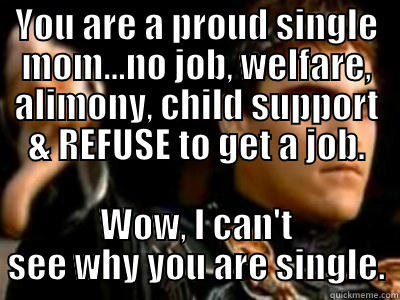 Proud single Mom - YOU ARE A PROUD SINGLE MOM...NO JOB, WELFARE, ALIMONY, CHILD SUPPORT & REFUSE TO GET A JOB. WOW, I CAN'T SEE WHY YOU ARE SINGLE. Downvoting Roman
