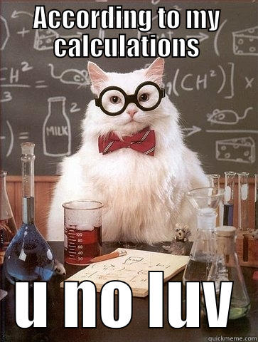 Unloved chemistry cat - ACCORDING TO MY CALCULATIONS U NO LUV Chemistry Cat