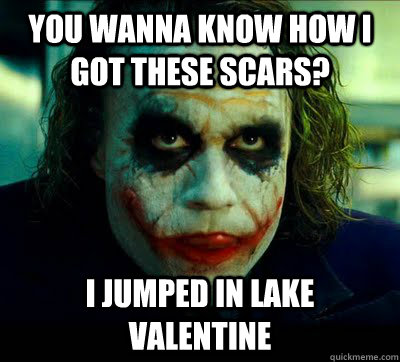 You wanna know how i got these scars? I jumped in lake valentine - You wanna know how i got these scars? I jumped in lake valentine  Bethel meme