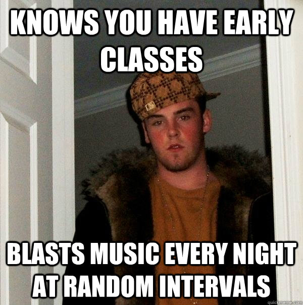 Knows you have early classes Blasts music every night at random intervals  Scumbag Steve