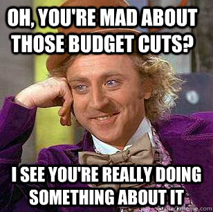 Oh, you're mad about those budget cuts? I see you're really doing something about it   Condescending Wonka