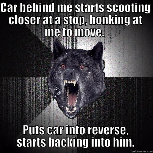 CAR BEHIND ME STARTS SCOOTING CLOSER AT A STOP, HONKING AT ME TO MOVE.  PUTS CAR INTO REVERSE, STARTS BACKING INTO HIM. Insanity Wolf