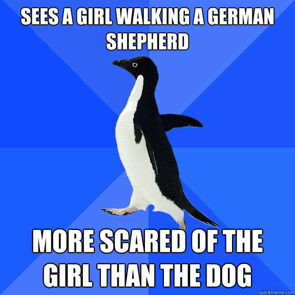 Sees a girl walking a German Shepherd More scared of the girl than the dog - Sees a girl walking a German Shepherd More scared of the girl than the dog  Socially Awkward Penguin