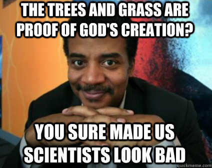 the trees and grass are proof of god's creation? you sure made us scientists look bad  Condescending Neil deGrasse Tyson