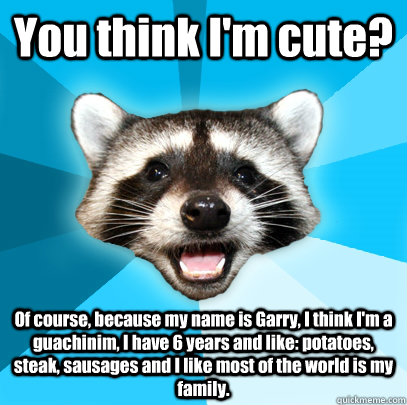 You think I'm cute? Of course, because my name is Garry, I think I'm a guachinim, I have 6 years and like: potatoes, steak, sausages and I like most of the world is my family.  Lame Pun Coon